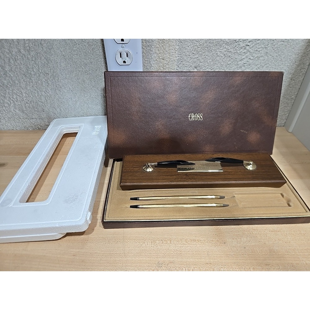 Vintage Cross Pen & Pencil w/ Wood Stand Desk Box Set 10K GF Made In USA